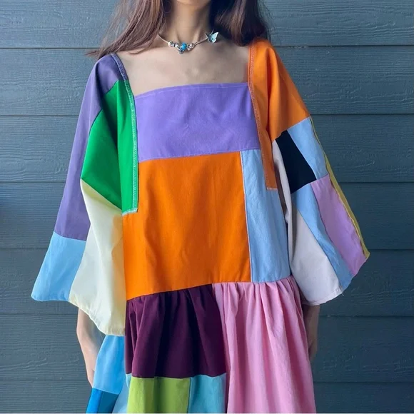 Handmade Quilted Patchwork Colorblock Dress SKU 02263 - Picture 14 of 16